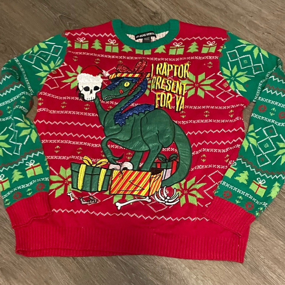 Festive Dinosaur Christmas Sweater - Red and Green